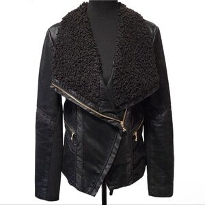 Guess Sherpa Collar Shearling Black Leather Moto Jacket
